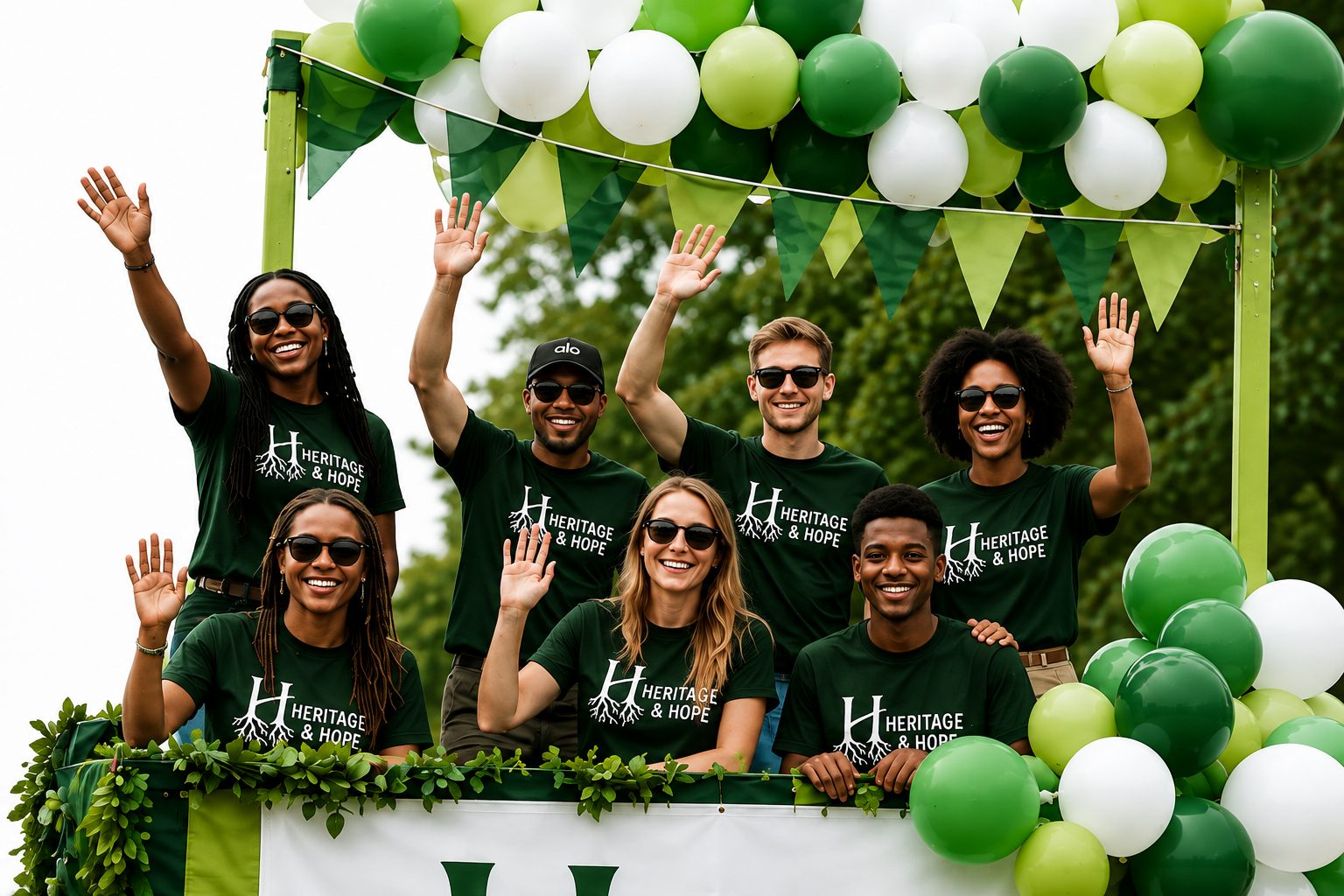 Heritage & Hope volunteers waving from a decorated community float